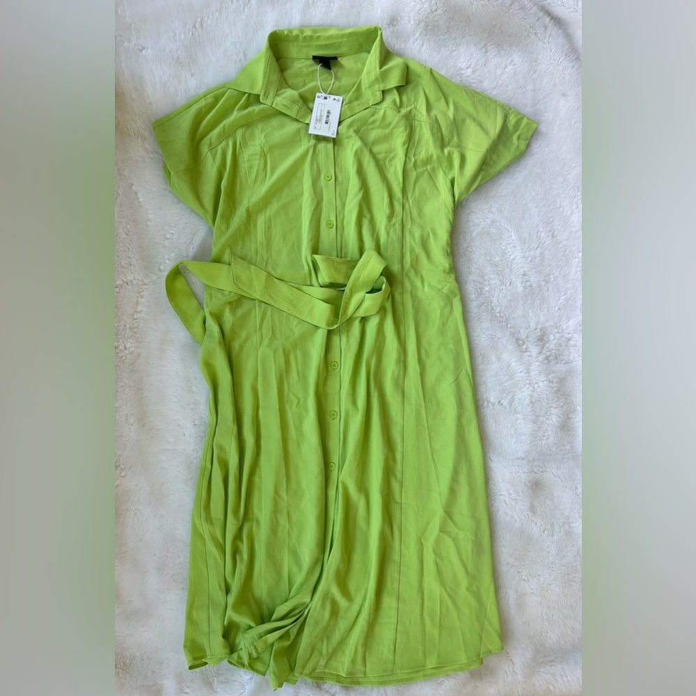 Monkl Lime Green Crepe Shirt Dress with Tie